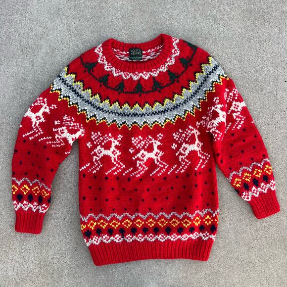 Vintage Alcott & Andrews Red Fair Isle Wool Knit Reindeer Scandinavian Sweater S - Picture 1 of 3
